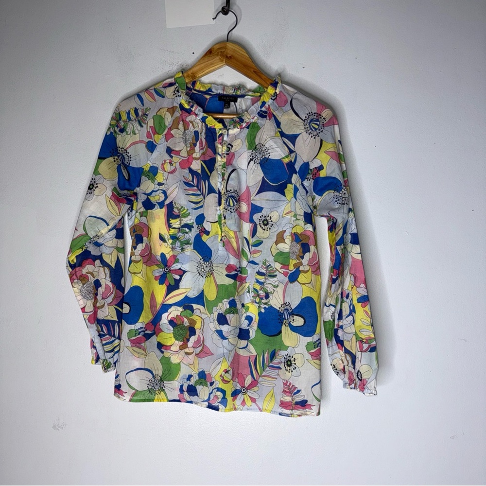Talbots Blouse Ruffle Trim Popover Top Colorful Floral Cotton Long Sleeve MP